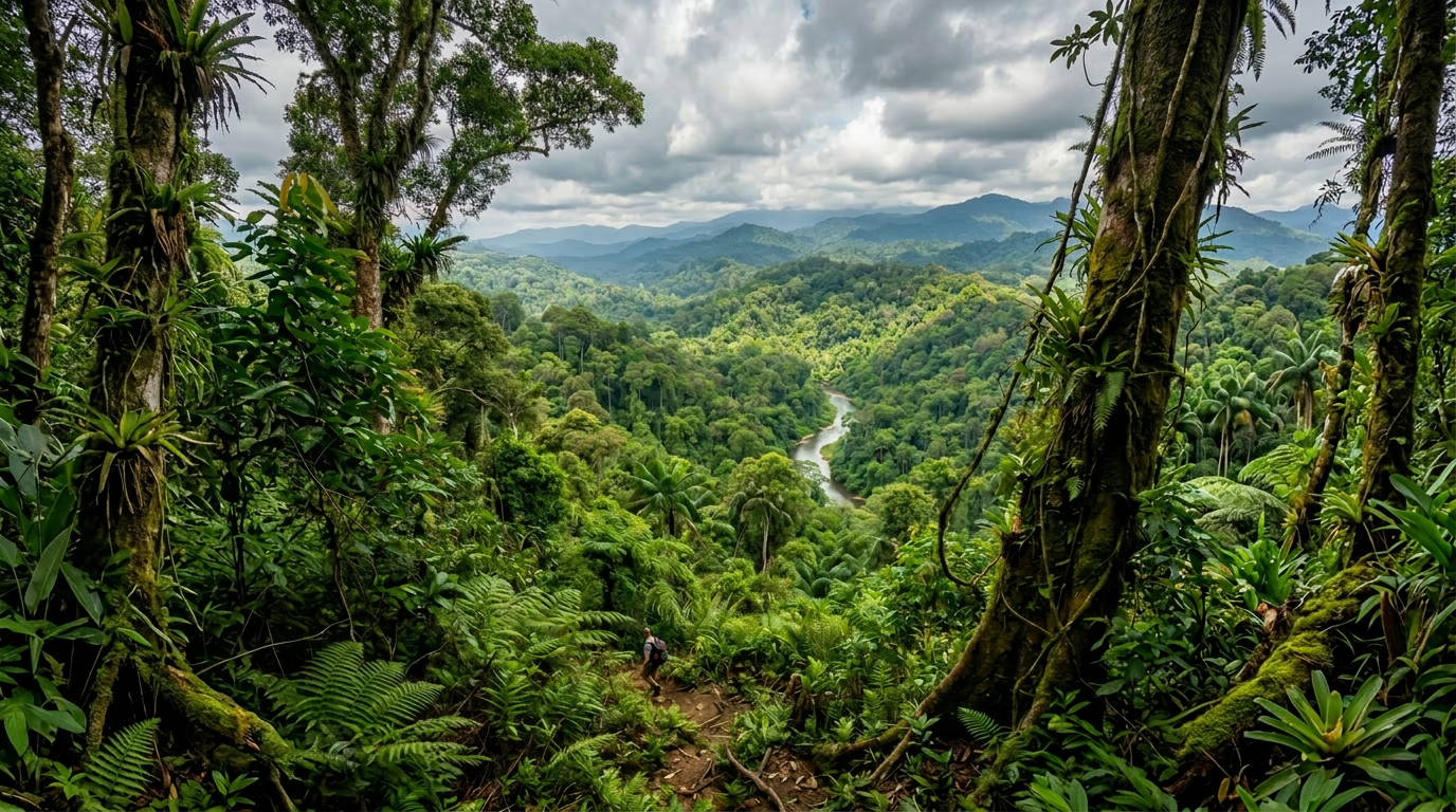 Hiker walking on a trail through dense tropical rainforest with a river winding through green hills and mountains in the background