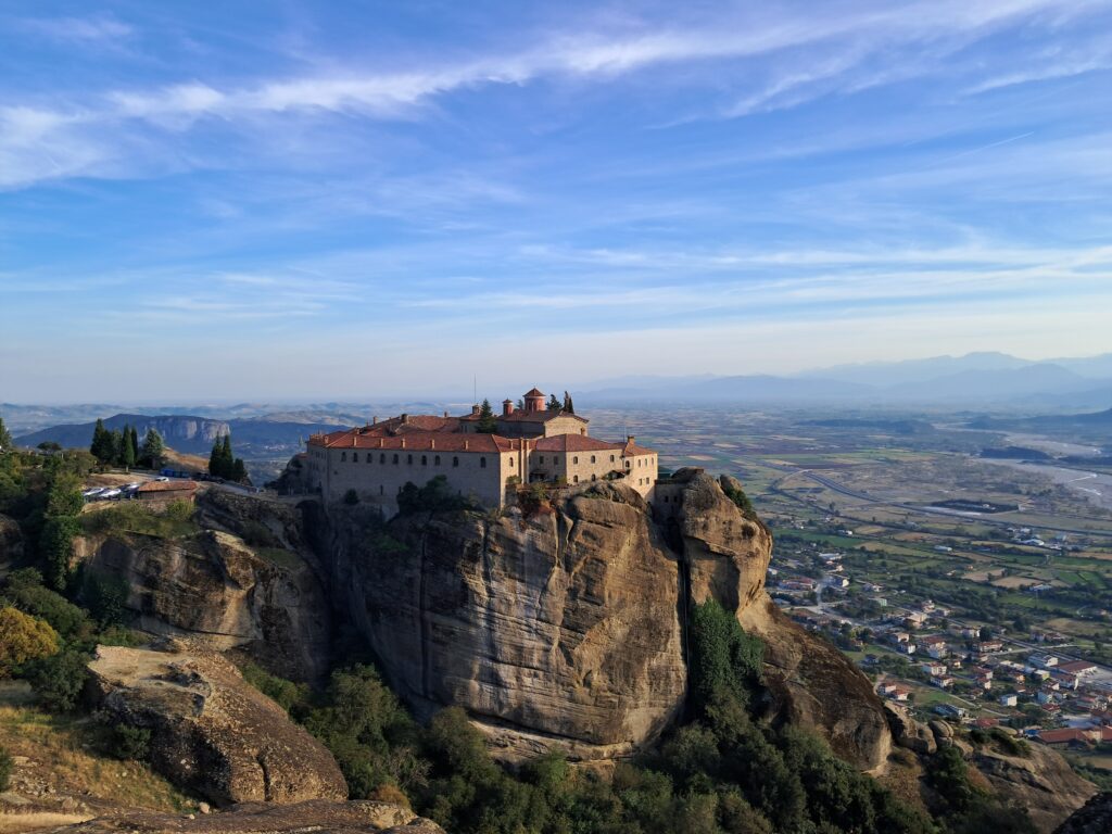 Meteora rock formations at sunset, Thessaly, Greece