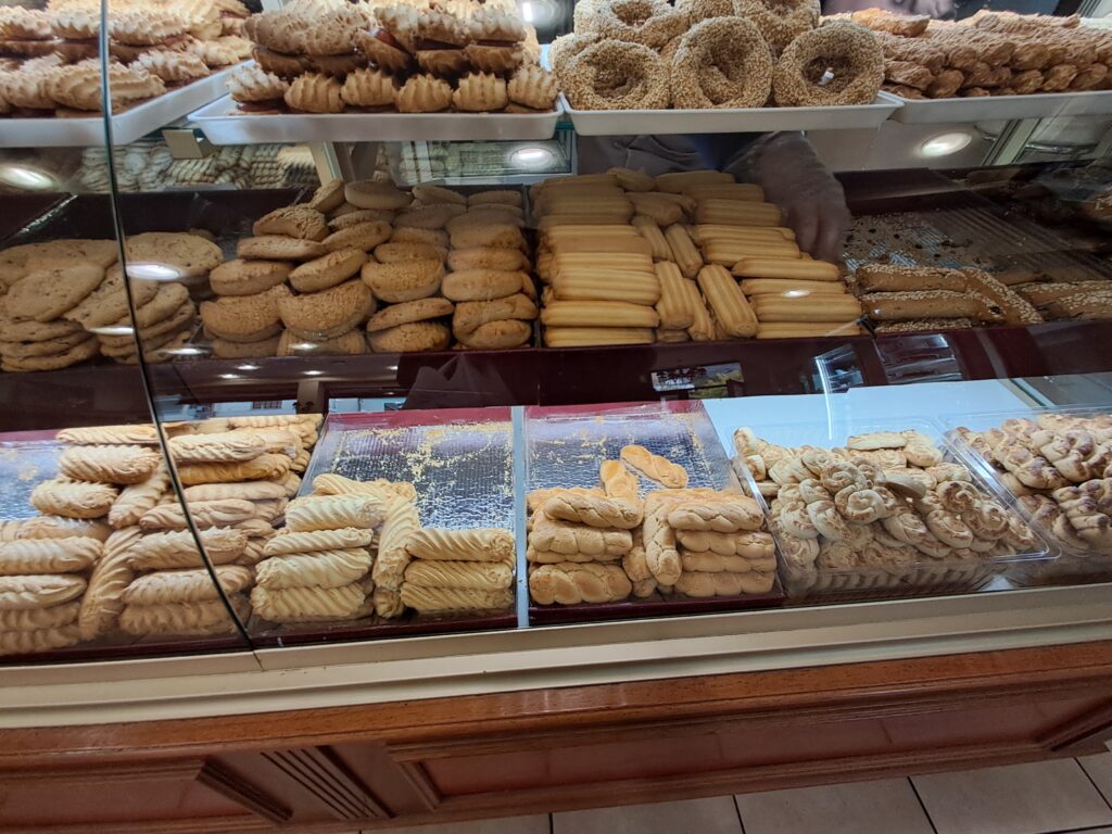 Traditional Greek biscuits and cookies on display at Patisserie Robos in Kalambaka near Meteora, many made without animal products