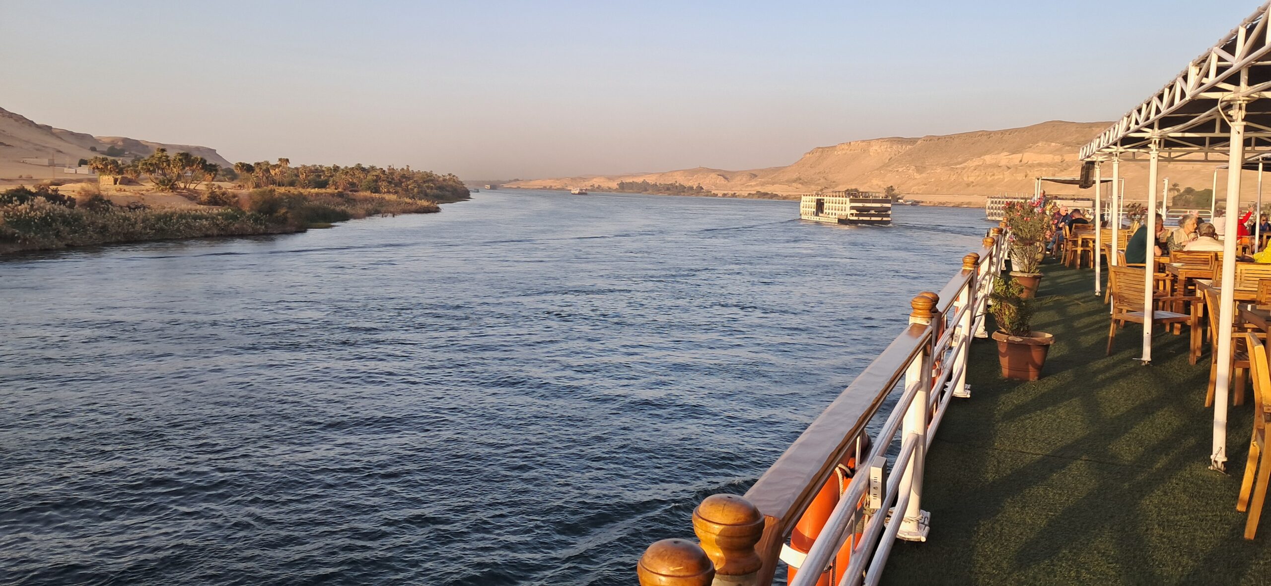 Looking down the Nile from the sun deck of the Ramadis II, day one of a vegan Nile cruise