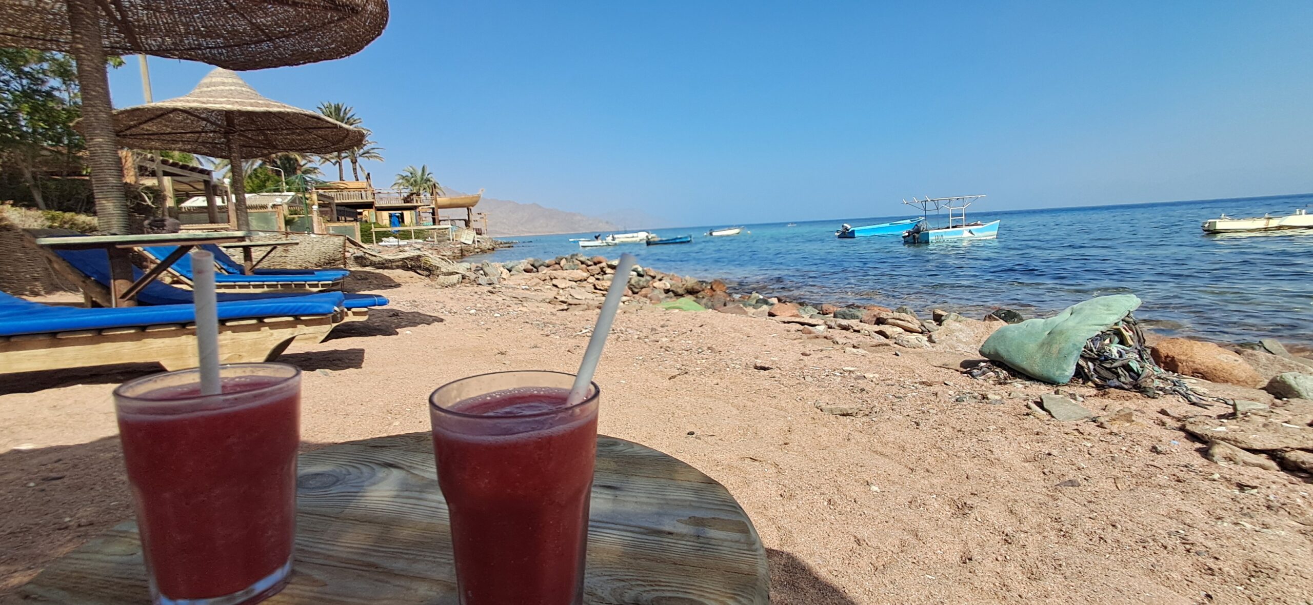 Fresh smoothies on the beach at the vegan-pizza spot near Eel Garden, Dahab