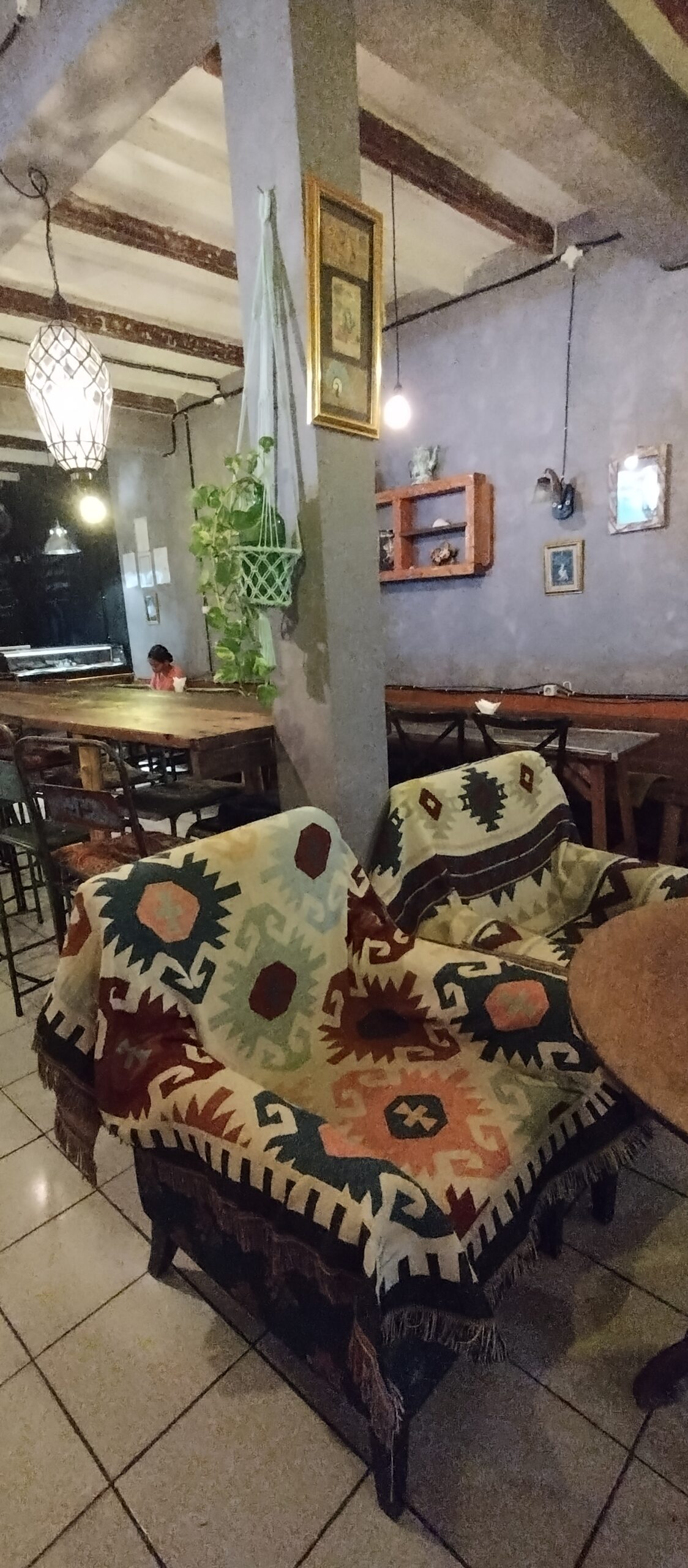 Inside Happy Banana Komodo, with plants and patterned textiles
