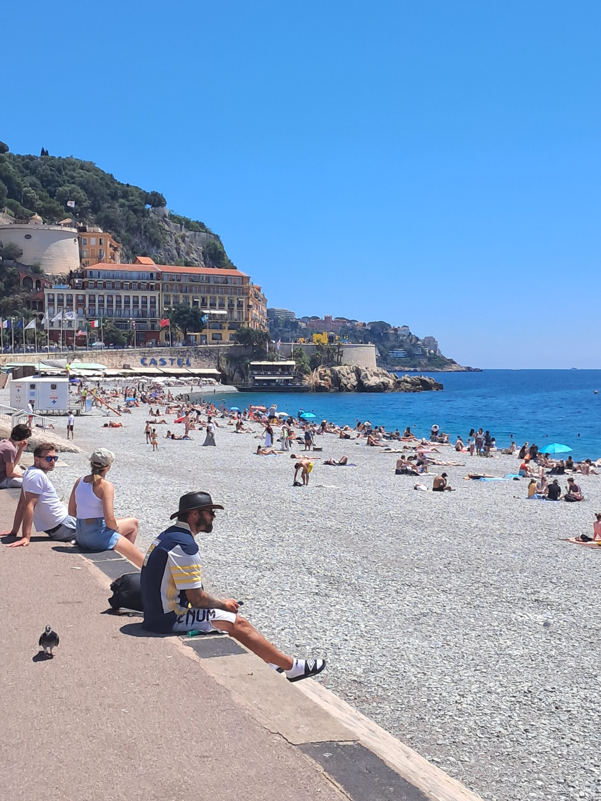 The pebble beach and headland at Nice in June