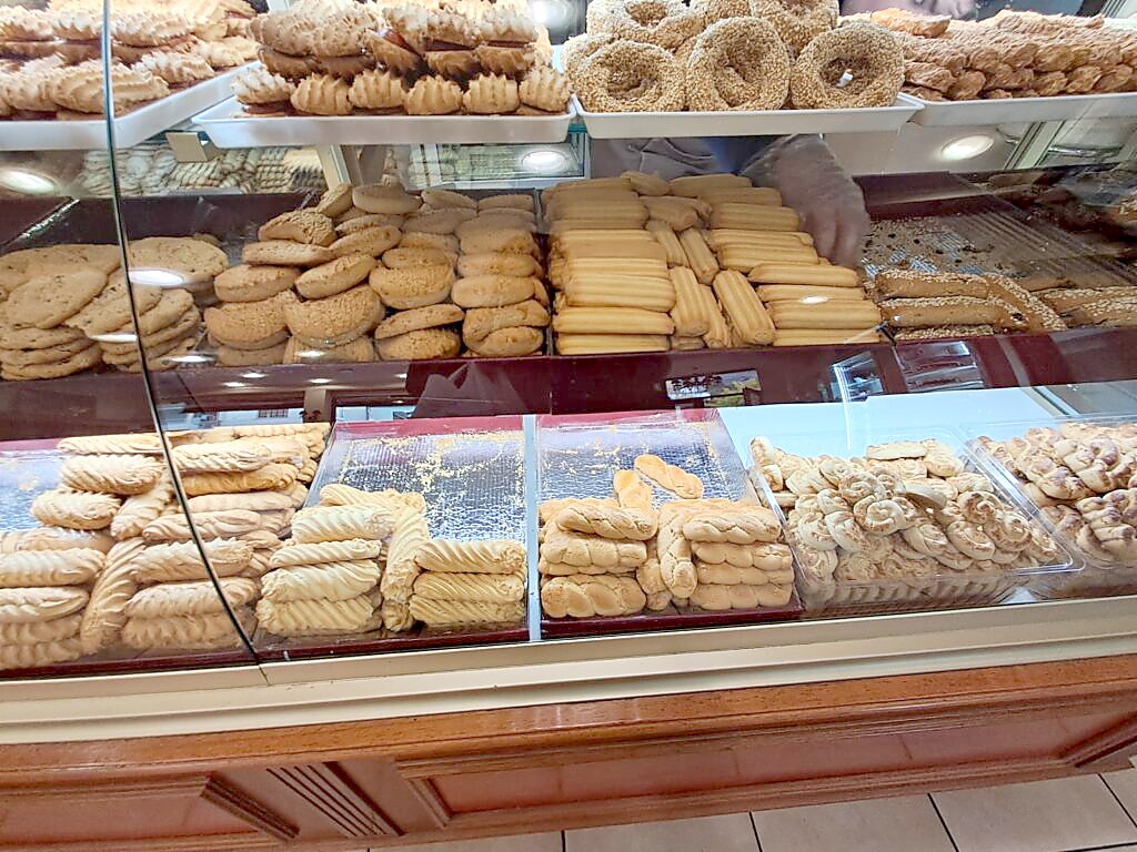 Traditional Greek biscuits and cookies on display at Patisserie Robos in Kalambaka near Meteora, many made without animal products