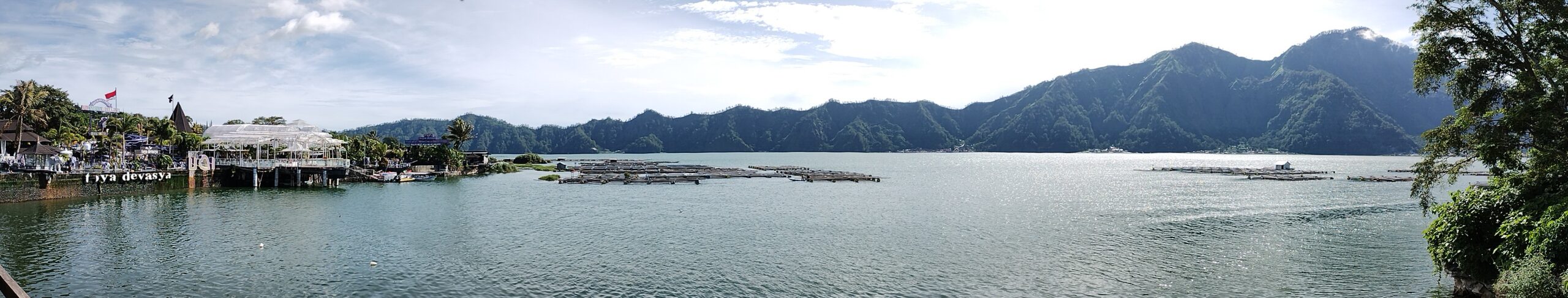 Lake Batur and its fish farms below Mount Batur, Bali