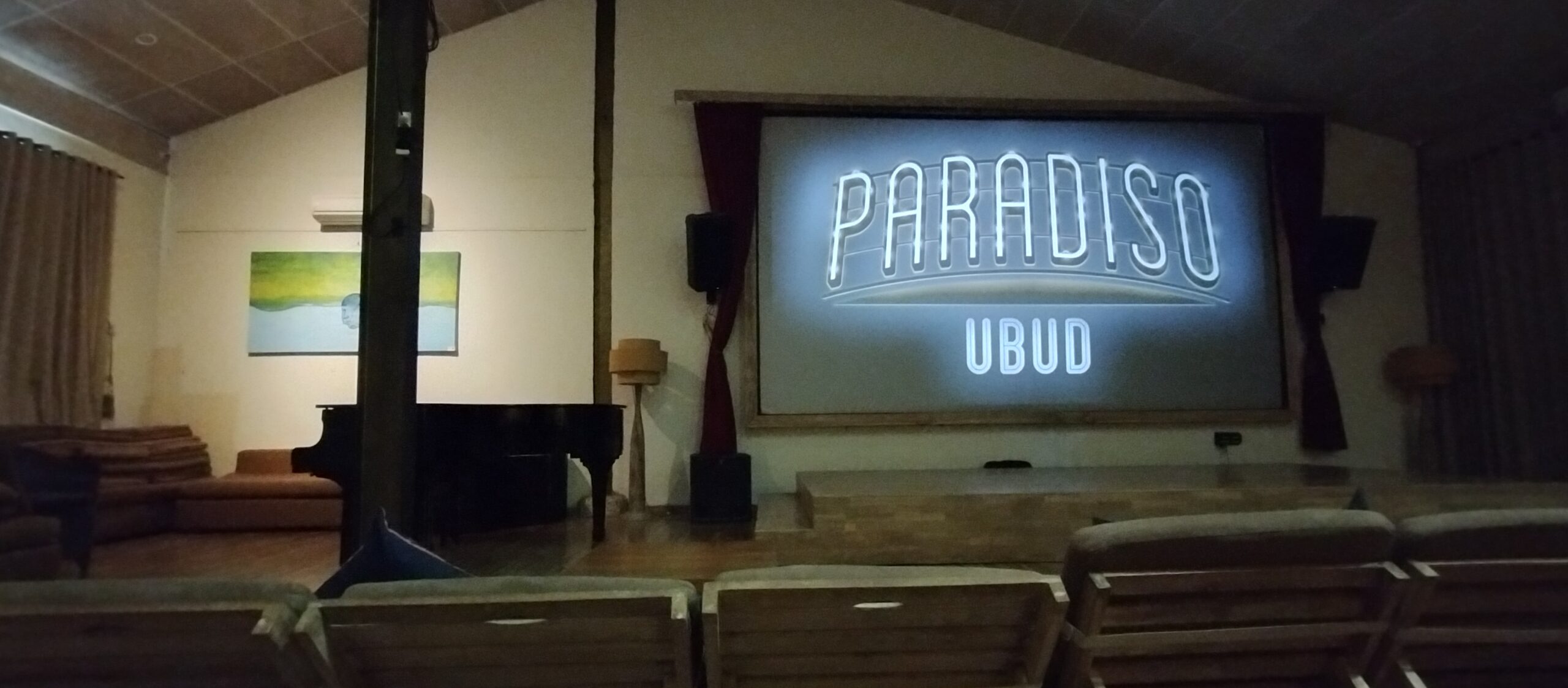 The screen at Paradiso Ubud, a vegan cinema in Bali