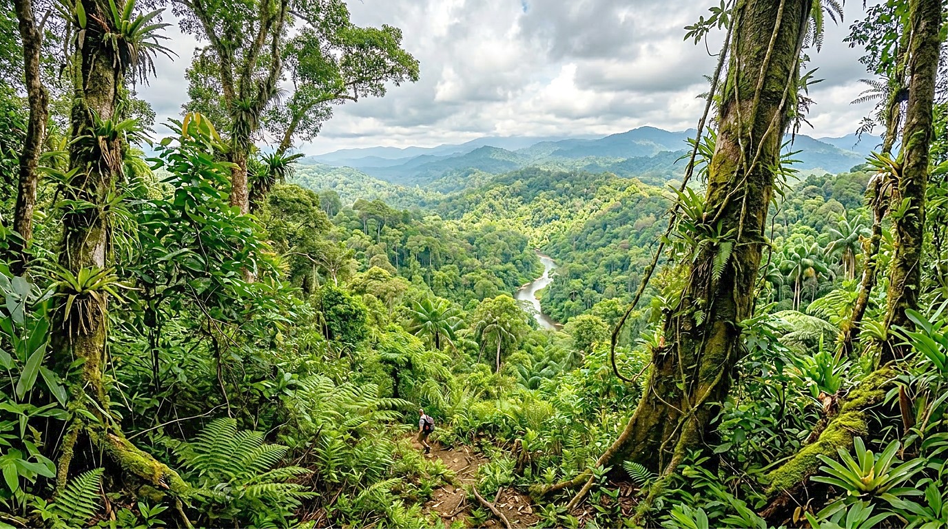 Looking out over the dense jungle canopy and misty valleys of Gunung Leuser National Park on the Bukit Lawang jungle trek, Sumatra